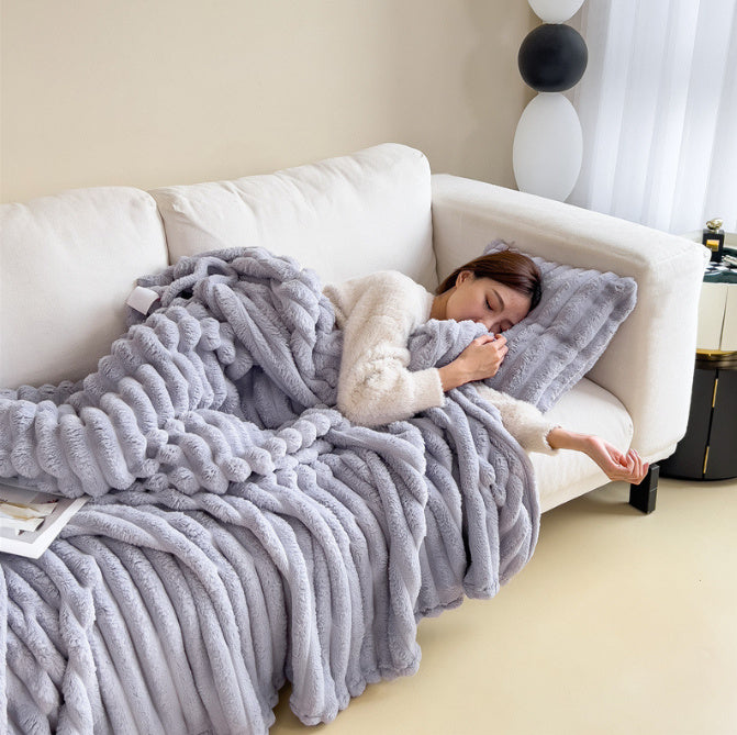 1pc New Solid Color Striped Plush Blanket, Multifunctional Fleece Blanket For Bed, Nap, Sofa