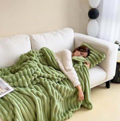 1pc New Solid Color Striped Plush Blanket, Multifunctional Fleece Blanket For Bed, Nap, Sofa