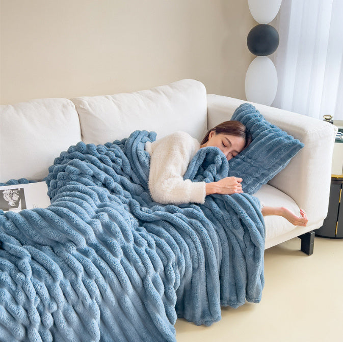 1pc New Solid Color Striped Plush Blanket, Multifunctional Fleece Blanket For Bed, Nap, Sofa