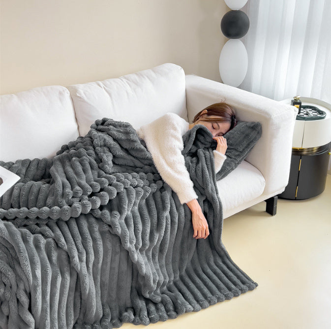 1pc New Solid Color Striped Plush Blanket, Multifunctional Fleece Blanket For Bed, Nap, Sofa