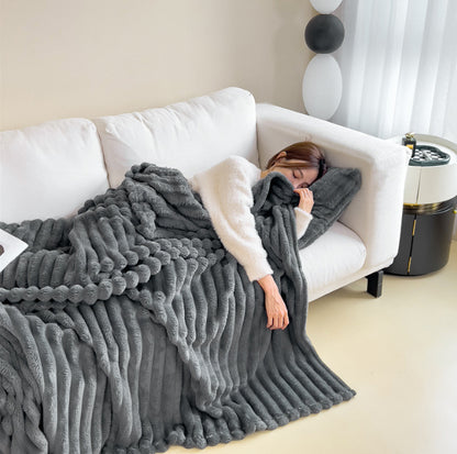 1pc New Solid Color Striped Plush Blanket, Multifunctional Fleece Blanket For Bed, Nap, Sofa