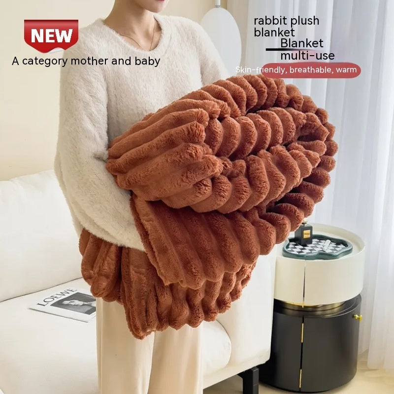 1pc New Solid Color Striped Plush Blanket, Multifunctional Fleece Blanket For Bed, Nap, Sofa