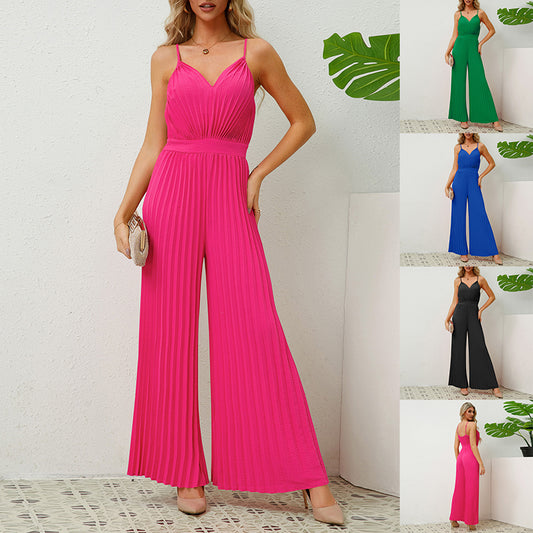 BUY 1 GET 1 FREE V-neck Suspender Pleated Jumpsuit Solid Color Loose Straight Pants Womens Clothing