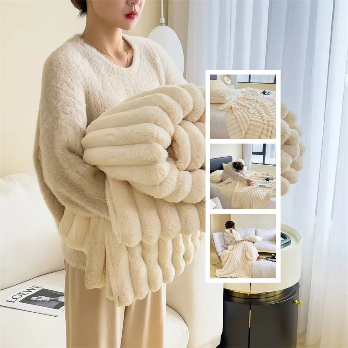 1pc New Solid Color Striped Plush Blanket, Multifunctional Fleece Blanket For Bed, Nap, Sofa
