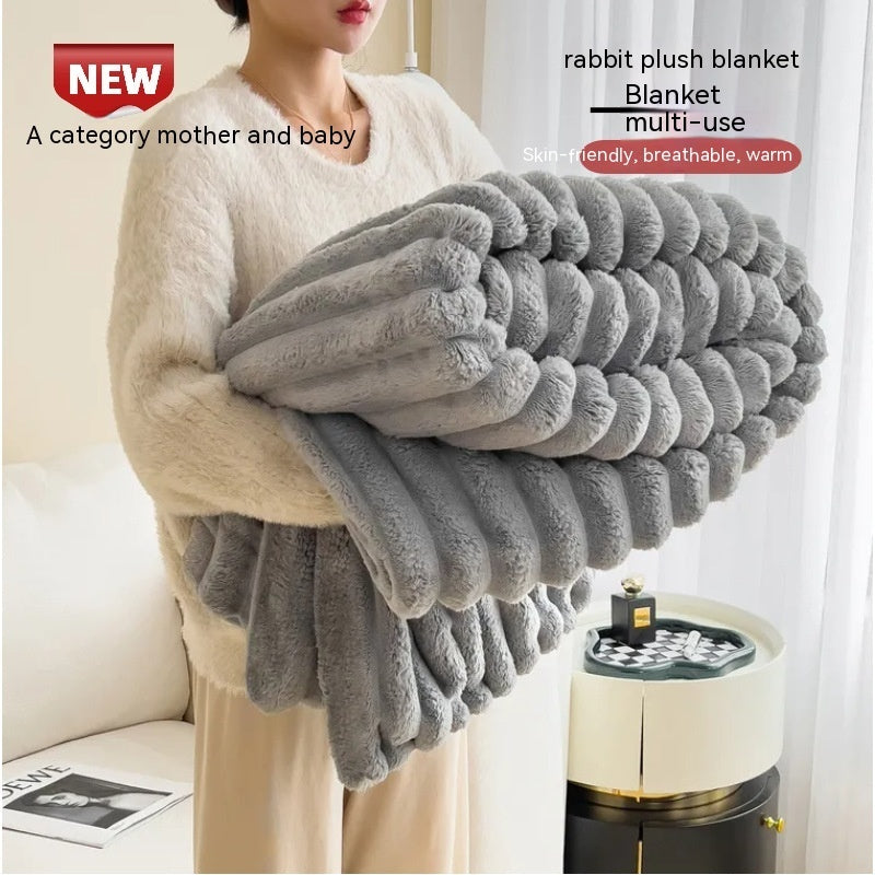 1pc New Solid Color Striped Plush Blanket, Multifunctional Fleece Blanket For Bed, Nap, Sofa