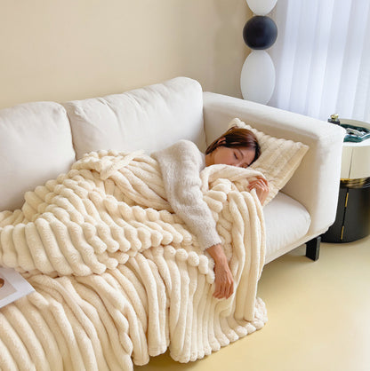 1pc New Solid Color Striped Plush Blanket, Multifunctional Fleece Blanket For Bed, Nap, Sofa