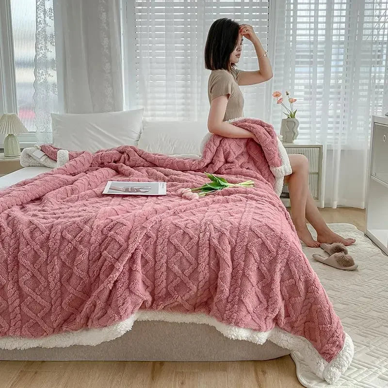 Blanket Thickening Double Layer Lambswool Solid Color Coral Fleece