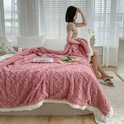 Blanket Thickening Double Layer Lambswool Solid Color Coral Fleece