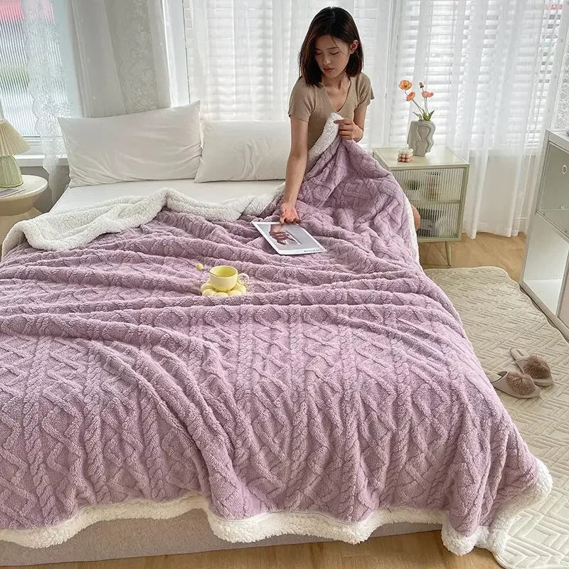 Blanket Thickening Double Layer Lambswool Solid Color Coral Fleece