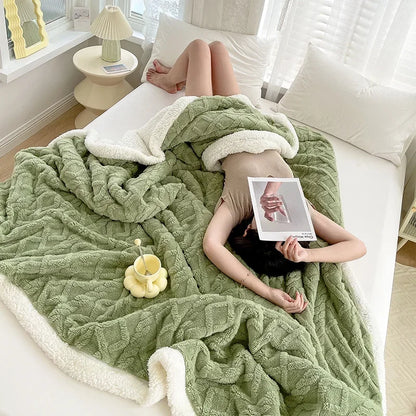 Blanket Thickening Double Layer Lambswool Solid Color Coral Fleece