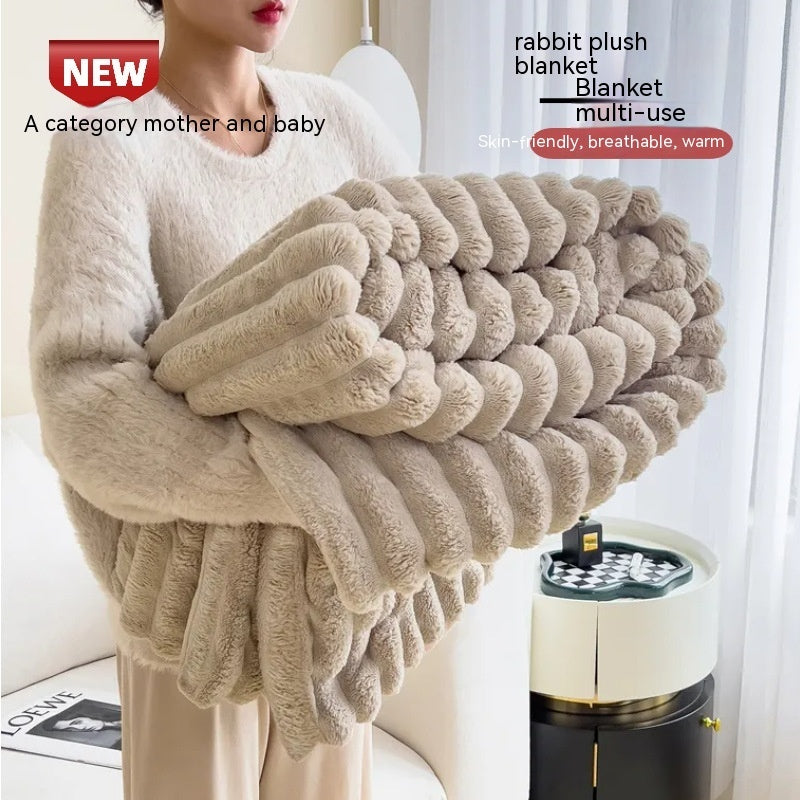 1pc New Solid Color Striped Plush Blanket, Multifunctional Fleece Blanket For Bed, Nap, Sofa