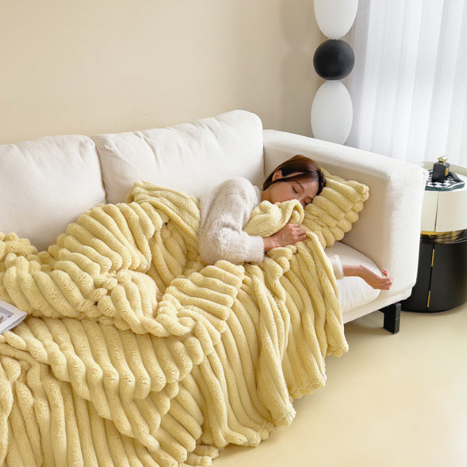 1pc New Solid Color Striped Plush Blanket, Multifunctional Fleece Blanket For Bed, Nap, Sofa